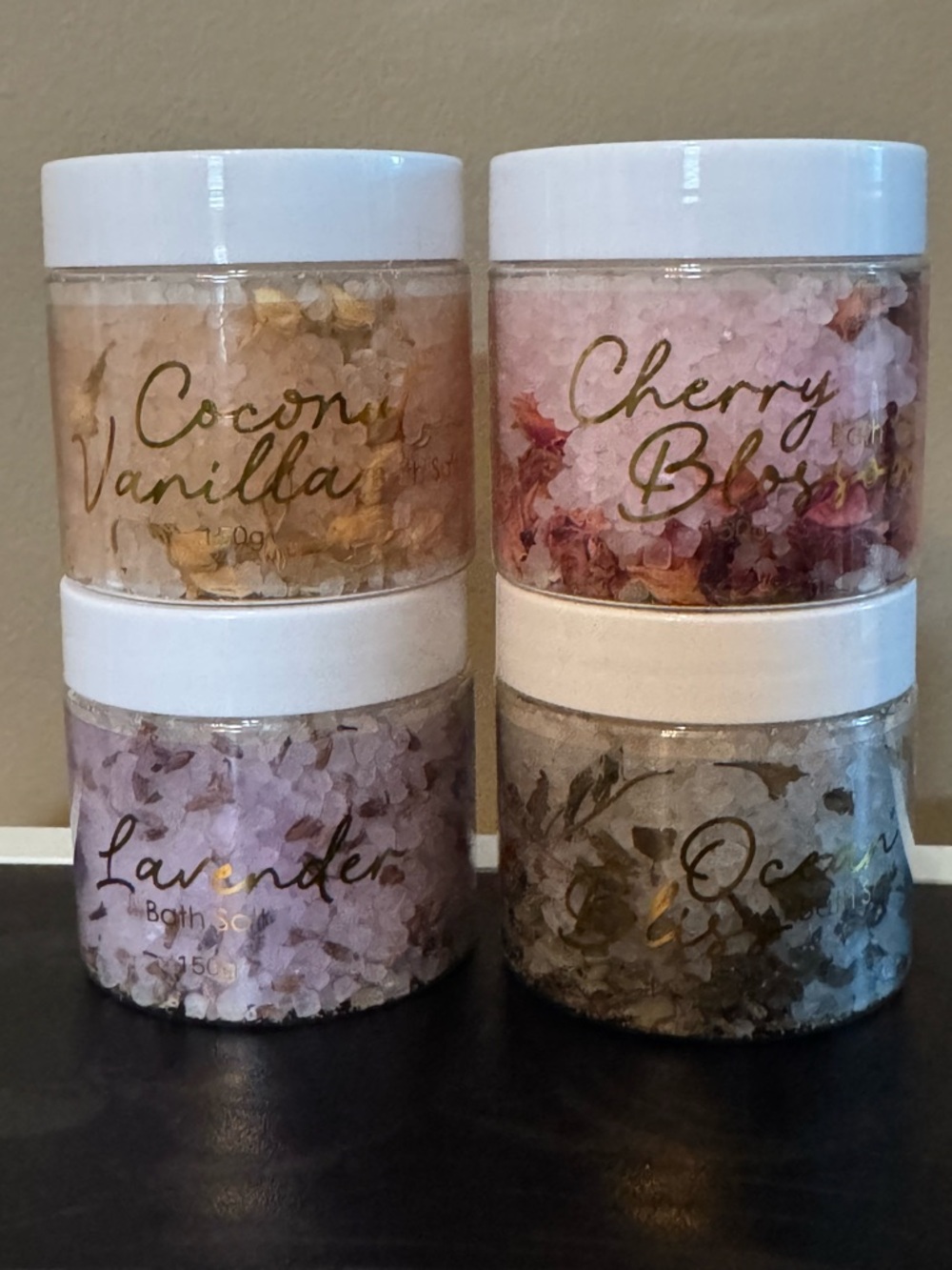 Bath salt 4 jars Coconut Vanilla, Cherry Blossom, Lavender, & Ocean Bliss Scents